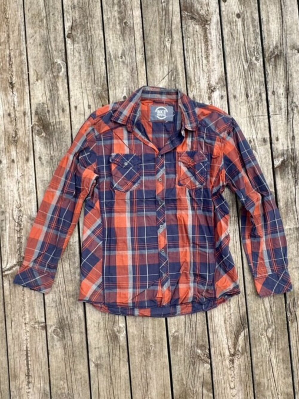 Plaid Orange Blue Button Down Men's Shirt XL